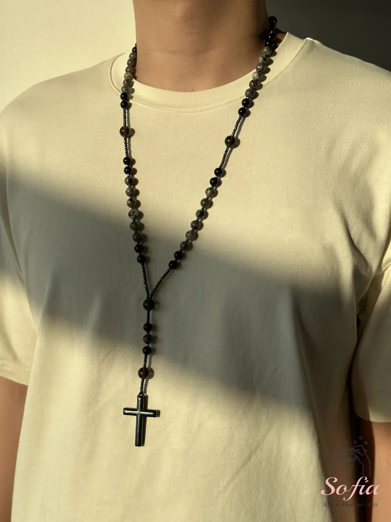 Natural Obsidian Yooperlite RosaryNecklace, UV Reactive EnergyProtection Healing Crystal