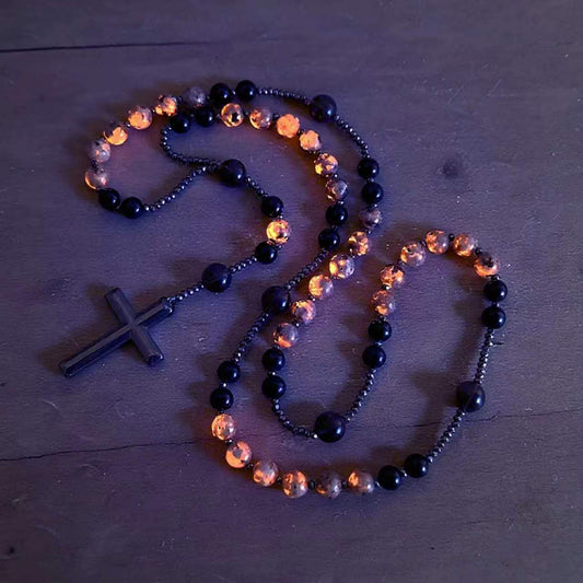 ✝️Natural Obsidian Yooperlite RosaryNecklace, UV Reactive EnergyProtection Healing Crystal