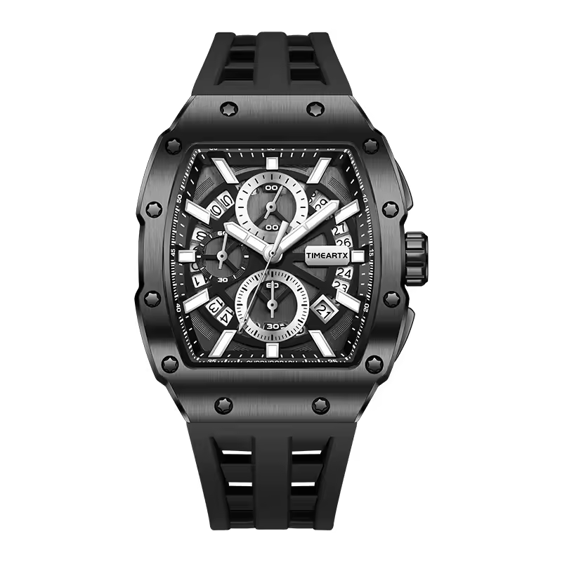 TIMEARTX Luxury Chronograph Tonneau Watch for Men | Black | Luminous Dial | Quartz | Cash on Delivery detail view