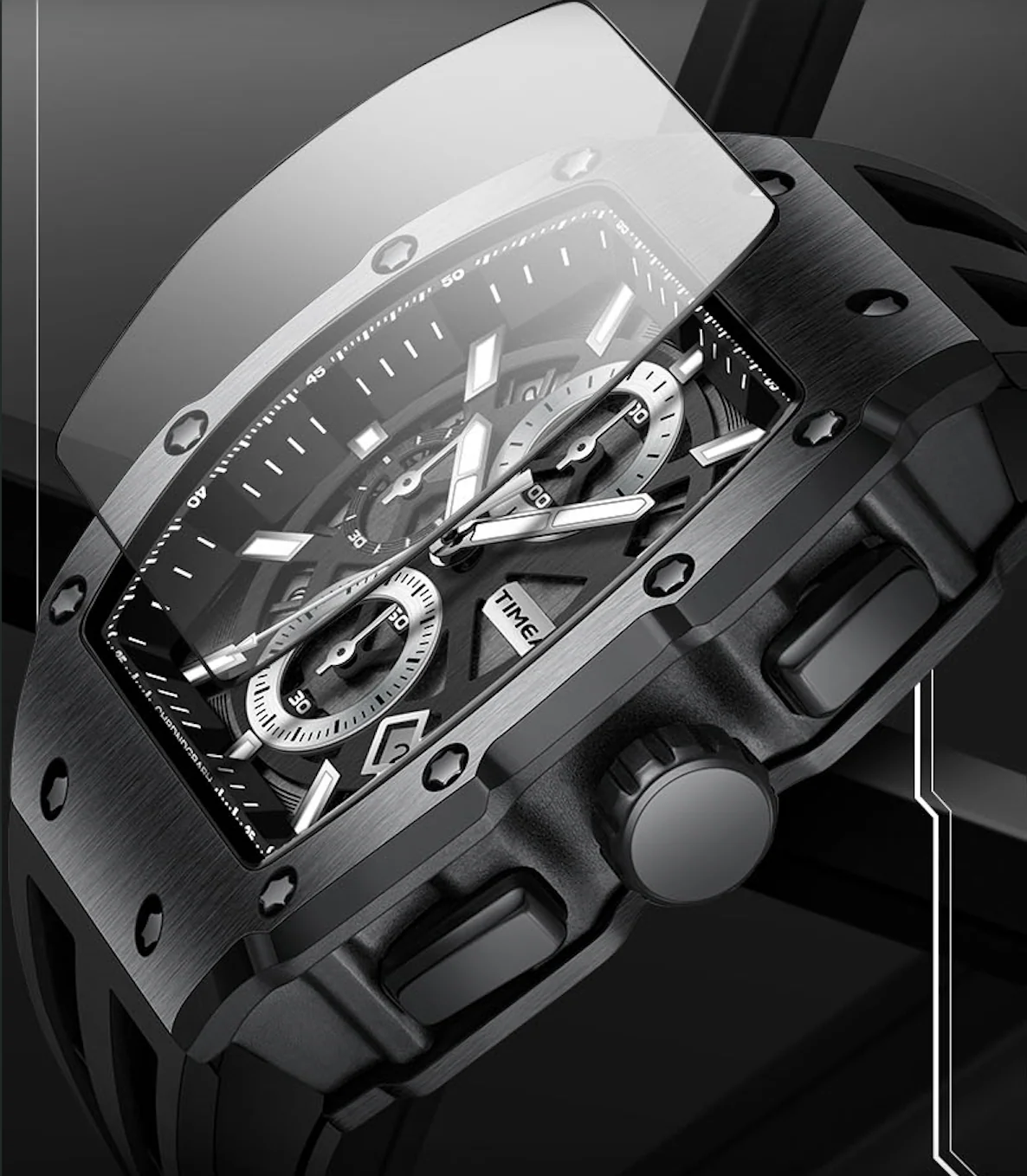 TIMEARTX Luxury Chronograph Tonneau Watch for Men | Black | Luminous Dial | Quartz | Cash on Delivery
