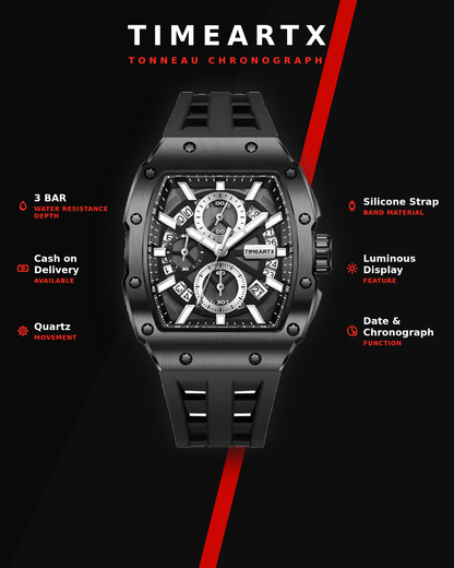 TIMEARTX Luxury Chronograph Tonneau Watch for Men | Black | Luminous Dial | Quartz | Cash on Delivery